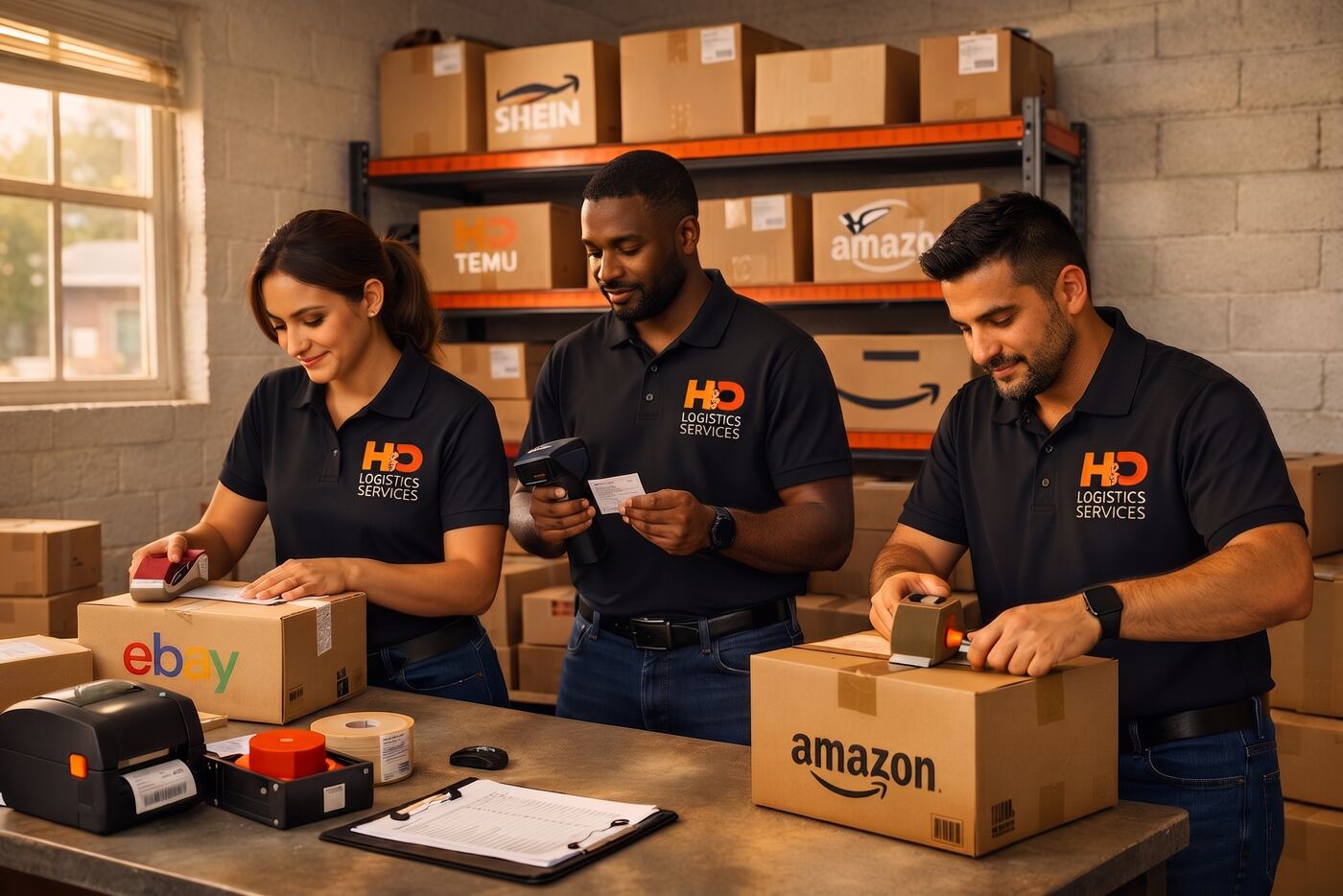 Equipo de H&D Logistics Services empacando paquetes de eBay, Amazon, Shein y Temu en Miami