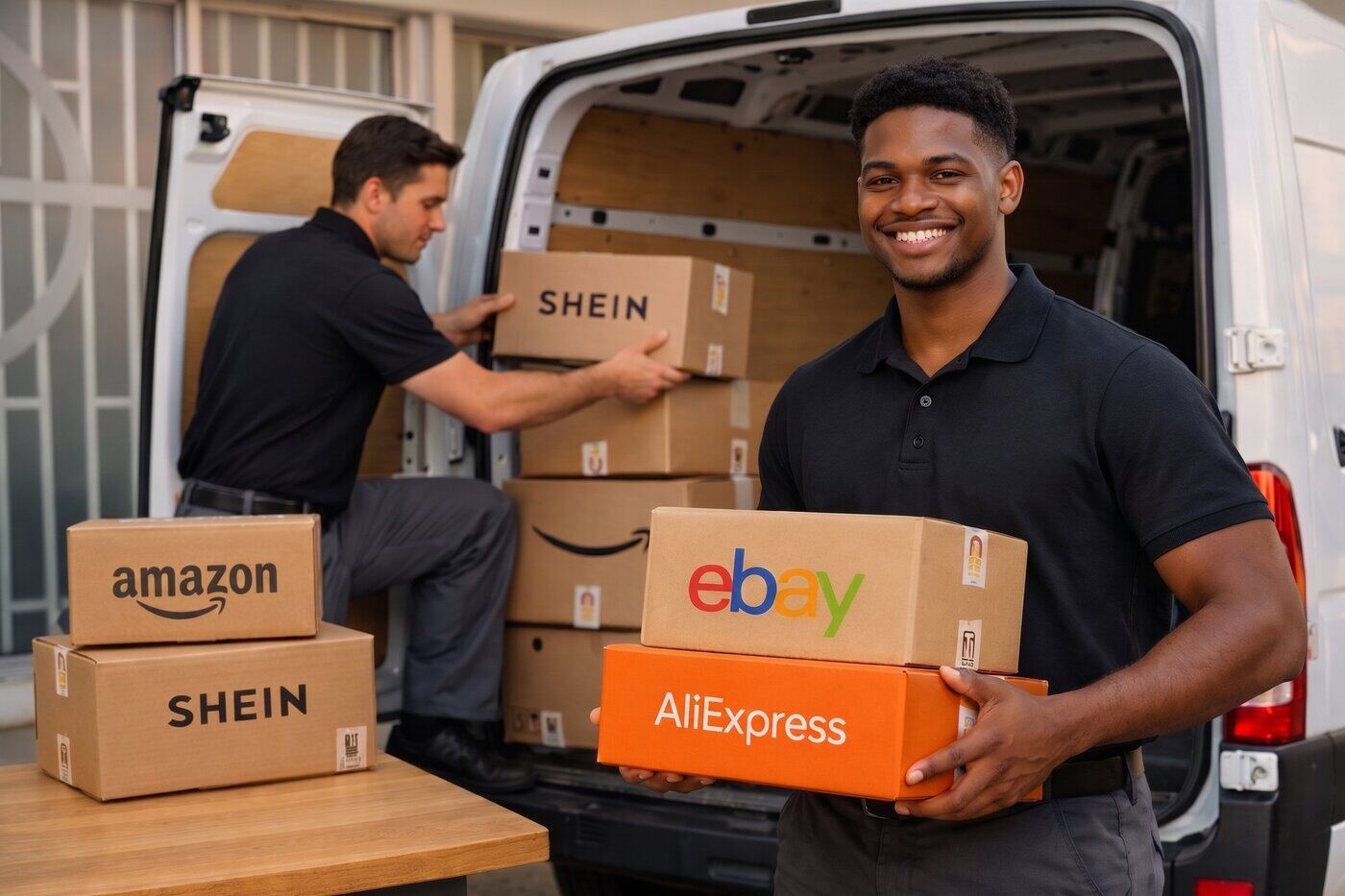 Equipo consolidando paquetes de eBay, Amazon, Shein y AliExpress en Miami